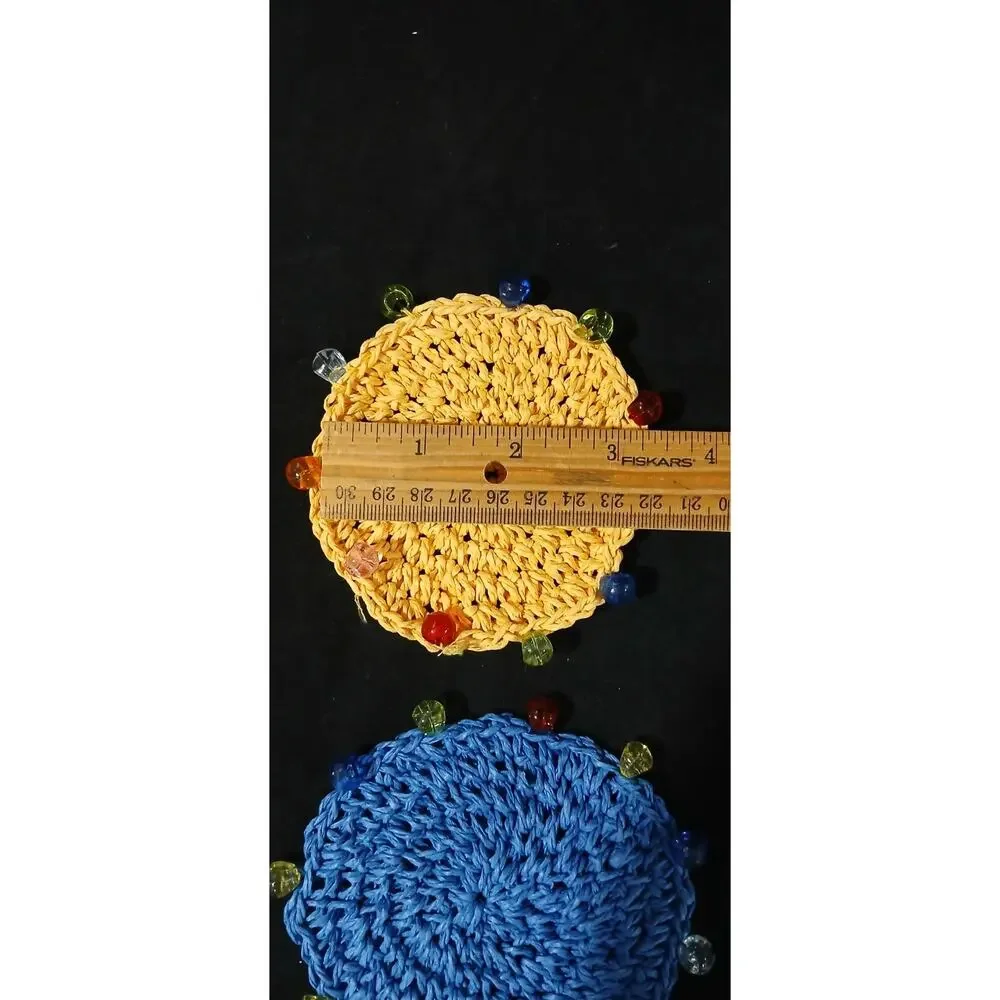 Drink Coasters Set 4 with Beads Multicolor Crocheted Handmade Boho Round Shape